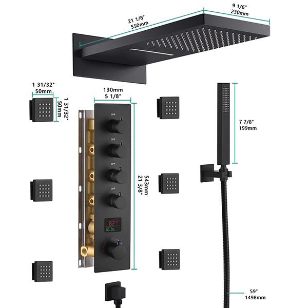 Black shower system with various components and measurements on a white background