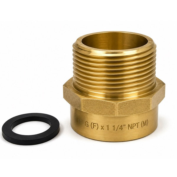 1 inch G female to 1 1/4 inch NPT male brass adapter with washer