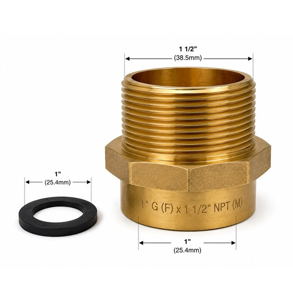 Dimensions of Lead-free brass 1 inch G female to 1 1/2 inch NPT male adapter with sealing washer