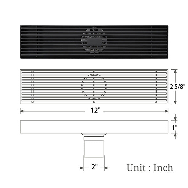 Dimensions of Cascada 12" Matte Black Linear Shower Drain with 2" Center Outlet