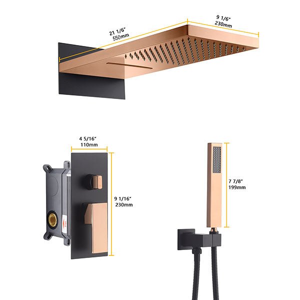 Shower head, control valve, and handheld shower with measurements