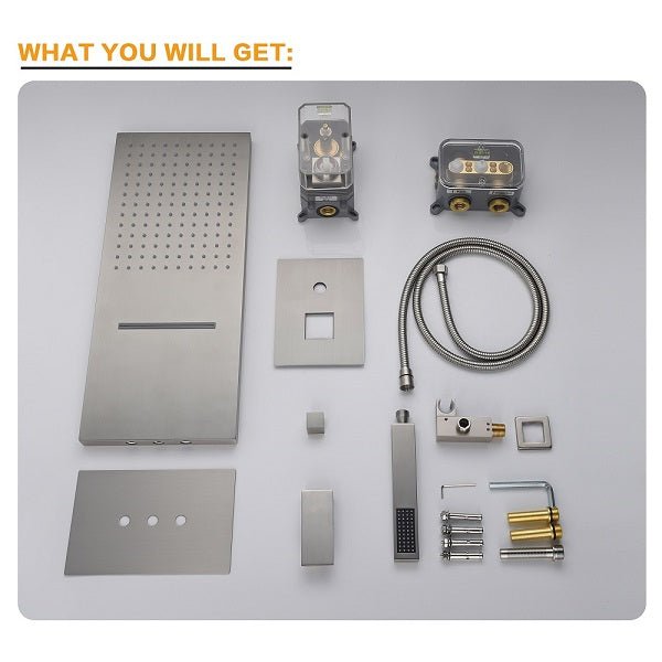 Collection of shower components including a shower head, control valves, and hose