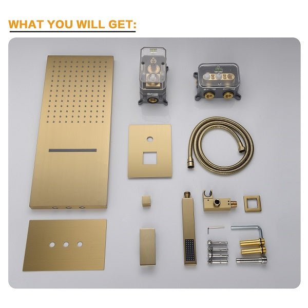 Collection of gold bathroom fixtures and components