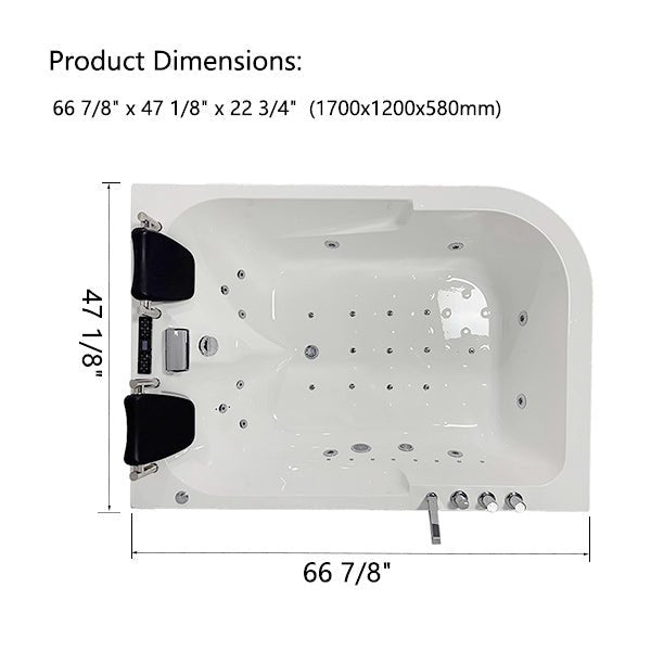 Dimensions of a hot tub with measurements labeled of Cascada Amalfi 67-inch freestanding whirlpool bathtub in luxury bathroom