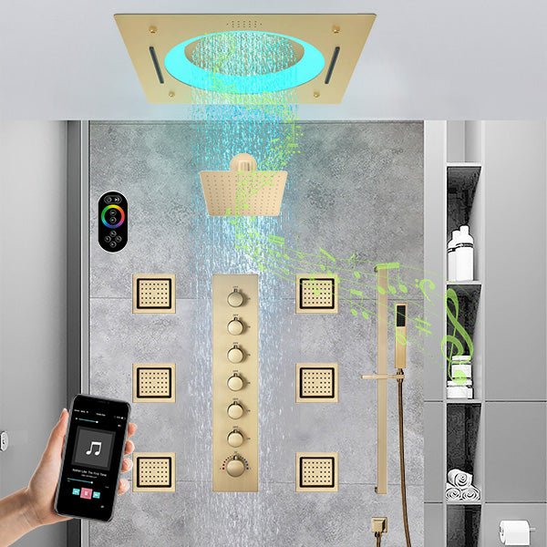 Shower system with multiple outlets and a smartphone control panel.