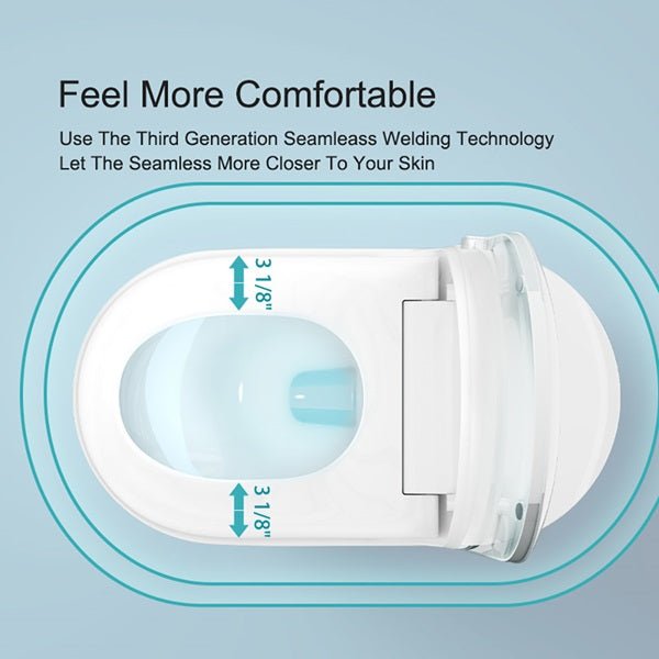 Overhead view of the toilet bowl showing seamless welding and inner dimensions for comfort and hygiene.