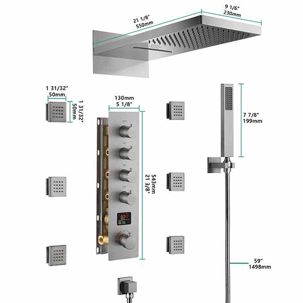 Shower system with dimensions labeled on a white background