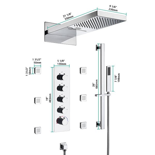 Chrome shower system with rainfall shower head, control panel, and handheld shower on a white background.