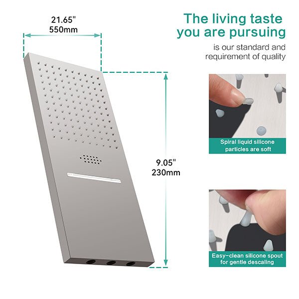 Measurement chart of a shower head with text about quality and features.
