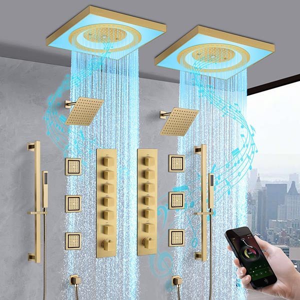 Cascada Perla LED dual shower system with dual shower heads and body jets.