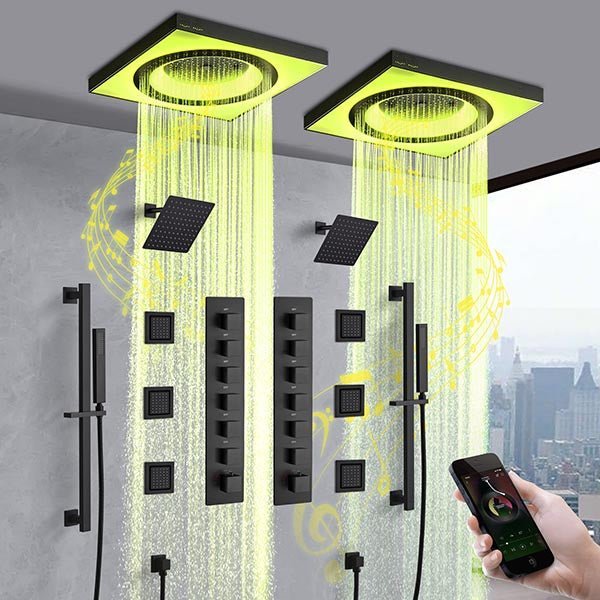 Front view of Cascada Perla dual shower system with LED lights.