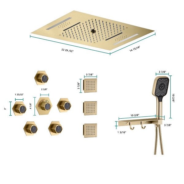 Cascada Positano 15"x23" Brushed Gold Music LED Shower System - Cascada Showers