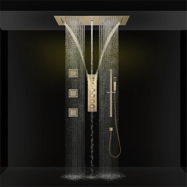 Cascada Riviera 12"x36" Brushed Gold LED Bluetooth Shower System - Cascada Showers