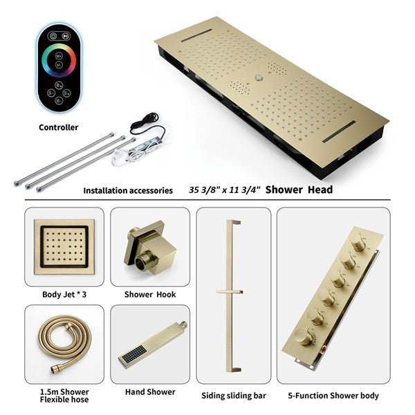 Cascada Riviera 12"x36" Brushed Gold LED Bluetooth Shower System - Cascada Showers