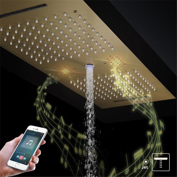 Cascada Riviera 12"x36" Brushed Gold LED Bluetooth Shower System - Cascada Showers