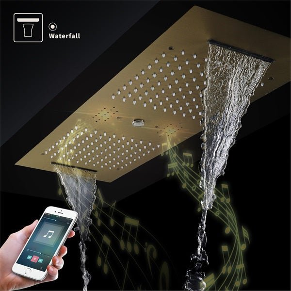 Cascada Riviera 12"x36" Brushed Gold LED Bluetooth Shower System - Cascada Showers