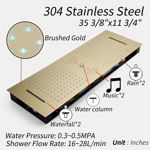 Cascada Riviera 12"x36" Brushed Gold LED Bluetooth Shower System - Cascada Showers