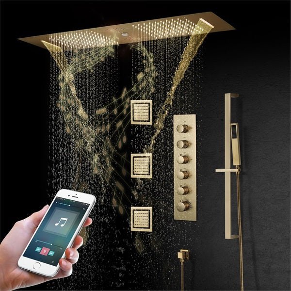Cascada Riviera 12"x36" Brushed Gold LED Bluetooth Shower System - Cascada Showers