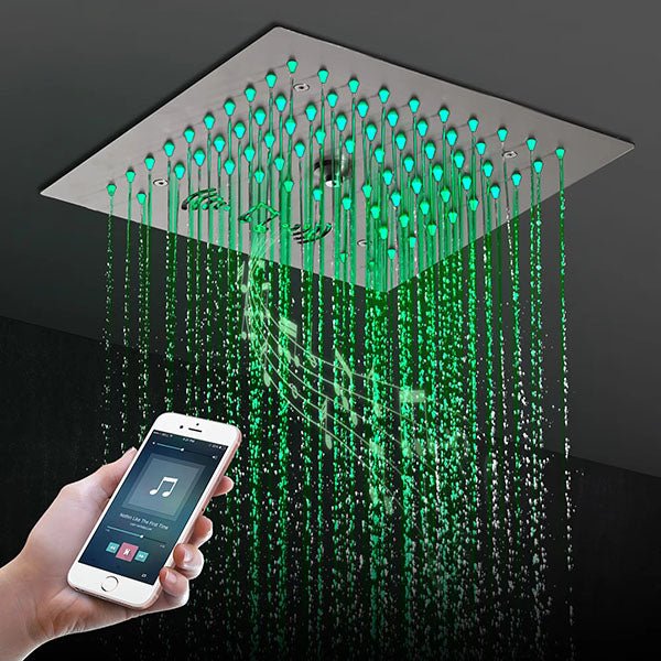 Cascada Royale 12 inch recessed ceiling LED shower head green lighting with Bluetooth phone control