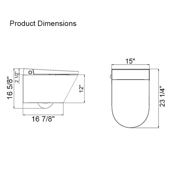 Cascada Torino smart toilet dimensions — 15.0 x 23.3 x 16.7 inches wall-hung installation