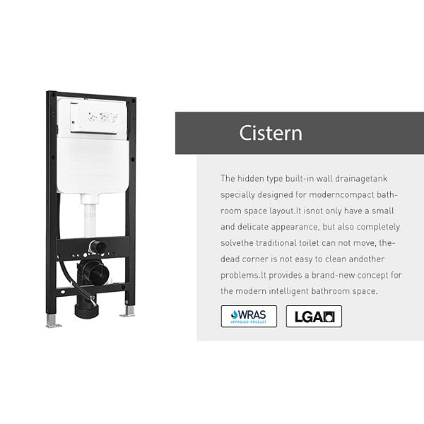 Built-in wall cistern tank for a Cascada Torino smart toilet shown on a black metal frame, with a text panel on the right labeled 'Cistern' describing its space-saving design and showing WRAS and LGAD certification logos.