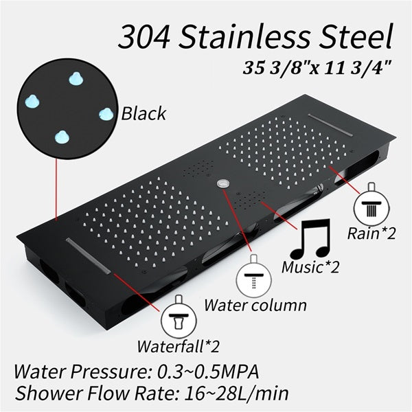 Cascada Victoria 12"x36" Matte Black LED Bluetooth Shower System - Cascada Showers