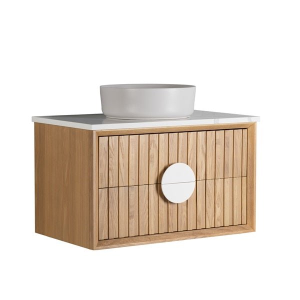 Cascada Wall Mount Floating Bathroom Vanity Oak with Marble Top Ceramic Vessel Sink