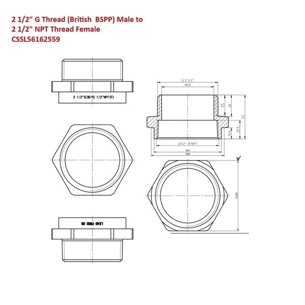 Technical drawing of Metric G thread BSPP male to NPT female adapter for plumbing connections