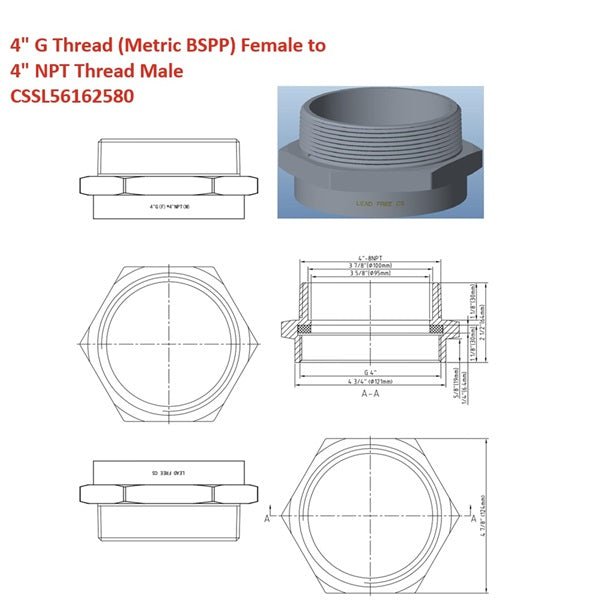 Technical dimensions of 4-inch G thread BSPP to NPT male adapter in lead-free brass