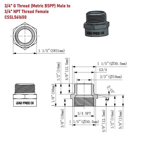 G Thread (Metric BSPP) Male to NPT Female Adapter - Lead Free (3/4" x 3/4") - Cascada Showers, cascada 3/4 inch pipe fitting plumbing adapter, 3/4 g male to npt 3/4 female connector, g 3/4 to npt female adapter fittings, 3/4 pipe fitting connector, male to female fitting adapter, brass pipe fitting adapter, pipe fitting, 2 hose connector, 3/4” G male x 3/4” NPT female Connector, 3/4 g thread, bspp adapter, is g thread compatible with npt