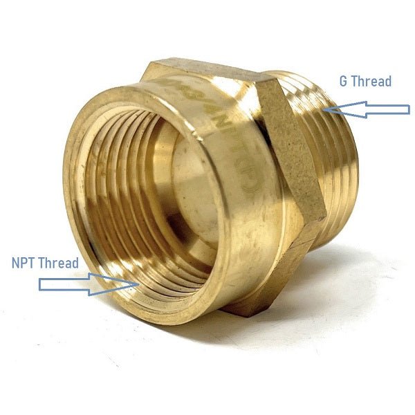 G Thread (Metric BSPP) Male to NPT Female Adapter - Lead Free (3/4" x 3/4") - Cascada Showers, cascada 3/4 inch pipe fitting plumbing adapter, 3/4 g male to npt 3/4 female connector, g 3/4 to npt female adapter fittings, 3/4 pipe fitting connector, male to female fitting adapter, brass pipe fitting adapter, pipe fitting, 2 hose connector, 3/4” G male x 3/4” NPT female Connector, 3/4 g thread, bspp adapter, is g thread compatible with npt