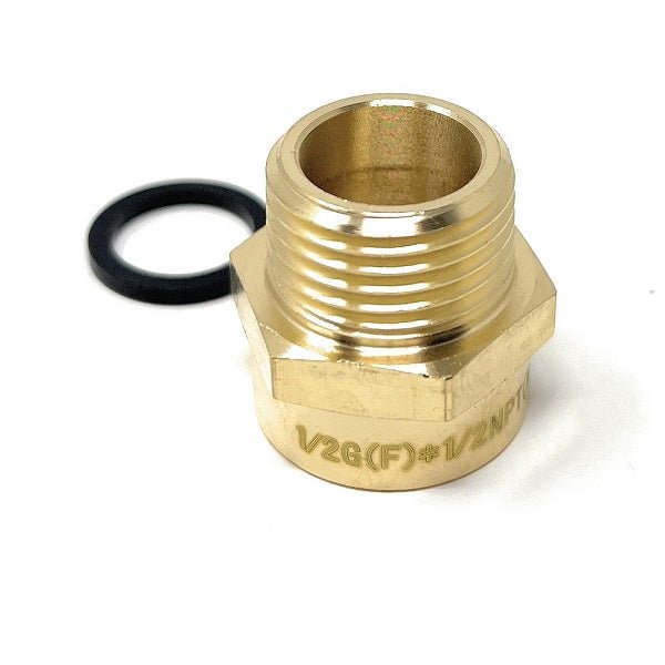 Brass plumbing fitting with a black washer on a white background