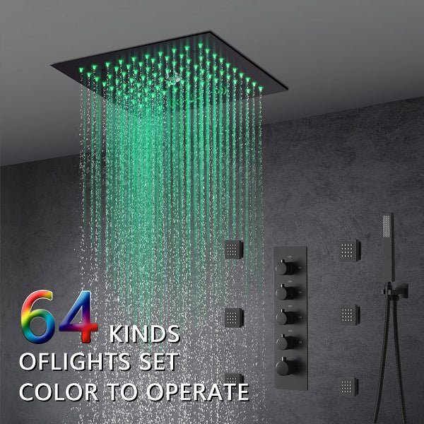 Cascada Luxury 12β Music LED shower system with built-in Bluetooth Speakers, 4 functions (Rainfall, Misty, Body jets & HandShower) & Remote Control 64 Color Lights cascada system LED bluetooth shower head speaker hot cold music rain rainfall musical lights showerhead body spray jet waterfall misty ceiling mounted handheld high pressure multicolor holder thermostatic chrome oil rubbed bronze mixer remote control