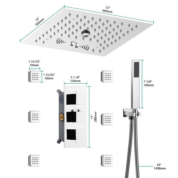 Complete Cascada shower system kit with all components laid out