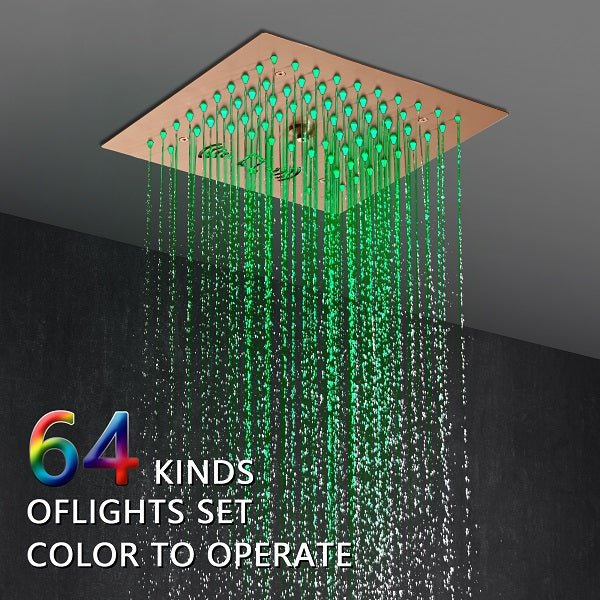 Cascada Luxury 12β Music LED shower system with built-in Bluetooth Speakers, 4 functions (Rainfall, Misty, Body jets & HandShower) & Remote Control 64 Color Lights cascada system LED bluetooth shower head speaker hot cold music rain rainfall musical lights showerhead body spray jet waterfall misty ceiling mounted handheld high pressure multicolor holder thermostatic chrome oil rubbed bronze mixer remote control