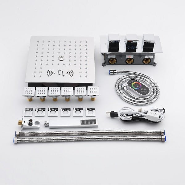 Complete Cascada shower system kit with all components laid out