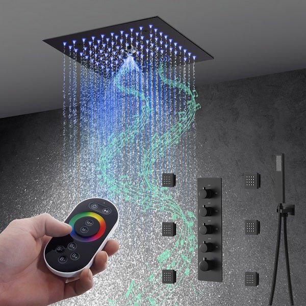 Cascada Luxury 12β Music LED shower system with built-in Bluetooth Speakers, 4 functions (Rainfall, Misty, Body jets & HandShower) & Remote Control 64 Color Lights cascada system LED bluetooth shower head speaker hot cold music rain rainfall musical lights showerhead body spray jet waterfall misty ceiling mounted handheld high pressure multicolor holder thermostatic chrome oil rubbed bronze mixer remote control