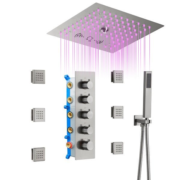 Cascada Luxury 12” Music LED shower system with built-in Bluetooth Speakers, 4 functions (Rainfall, Misty, Body jets & HandShower) & Remote Control 64 Color Lights cascada system LED bluetooth shower head speaker hot cold music rain rainfall musical lights showerhead body spray jet waterfall misty ceiling mounted handheld high pressure multicolor holder thermostatic chrome oil rubbed bronze mixer remote control