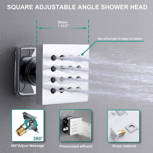 Six brass body jets installed on bathroom wall with adjustable spray angles