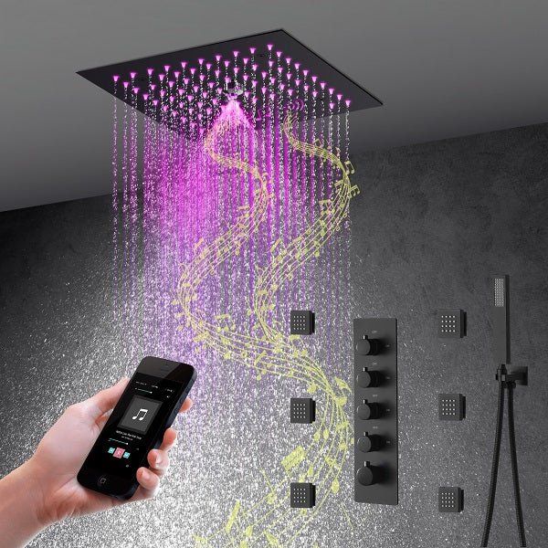 Cascada Luxury 12β Music LED shower system with built-in Bluetooth Speakers, 4 functions (Rainfall, Misty, Body jets & HandShower) & Remote Control 64 Color Lights cascada system LED bluetooth shower head speaker hot cold music rain rainfall musical lights showerhead body spray jet waterfall misty ceiling mounted handheld high pressure multicolor holder thermostatic chrome oil rubbed bronze mixer remote control