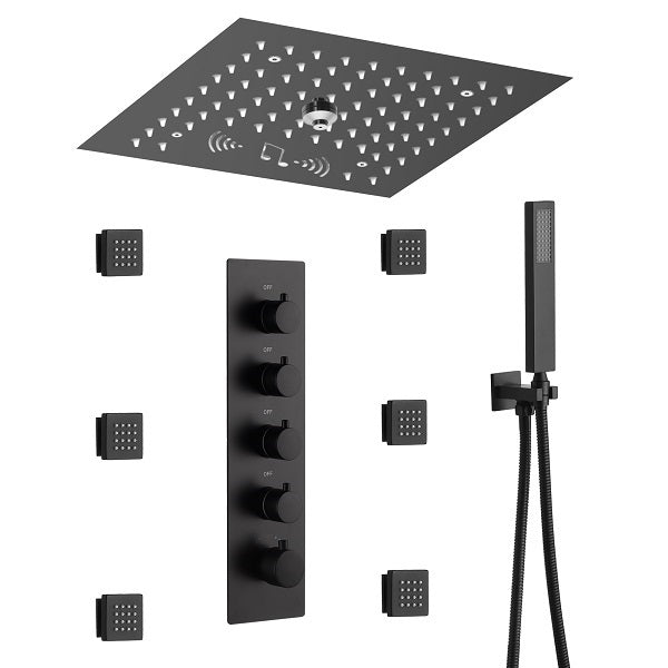 Cascada Luxury 12β Music LED shower system with built-in Bluetooth Speakers, 4 functions (Rainfall, Misty, Body jets & HandShower) & Remote Control 64 Color Lights cascada system LED bluetooth shower head speaker hot cold music rain rainfall musical lights showerhead body spray jet waterfall misty ceiling mounted handheld high pressure multicolor holder thermostatic chrome oil rubbed bronze mixer remote control
