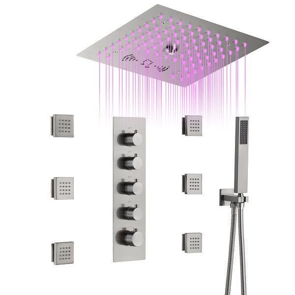 Cascada Luxury 12” Music LED shower system with built-in Bluetooth Speakers, 4 functions (Rainfall, Misty, Body jets & HandShower) & Remote Control 64 Color Lights cascada system LED bluetooth shower head speaker hot cold music rain rainfall musical lights showerhead body spray jet waterfall misty ceiling mounted handheld high pressure multicolor holder thermostatic chrome oil rubbed bronze mixer remote control
