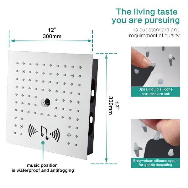 Square stainless steel rainfall shower head with built-in LED lighting strips