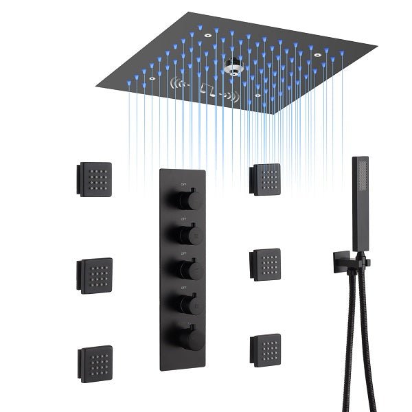 Cascada Luxury 12β Music LED shower system with built-in Bluetooth Speakers, 4 functions (Rainfall, Misty, Body jets & HandShower) & Remote Control 64 Color Lights cascada system LED bluetooth shower head speaker hot cold music rain rainfall musical lights showerhead body spray jet waterfall misty ceiling mounted handheld high pressure multicolor holder thermostatic chrome oil rubbed bronze mixer remote control
