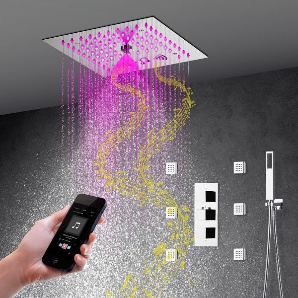 Cascada Royale 12-inch LED shower system with Bluetooth speakers and color-changing lights