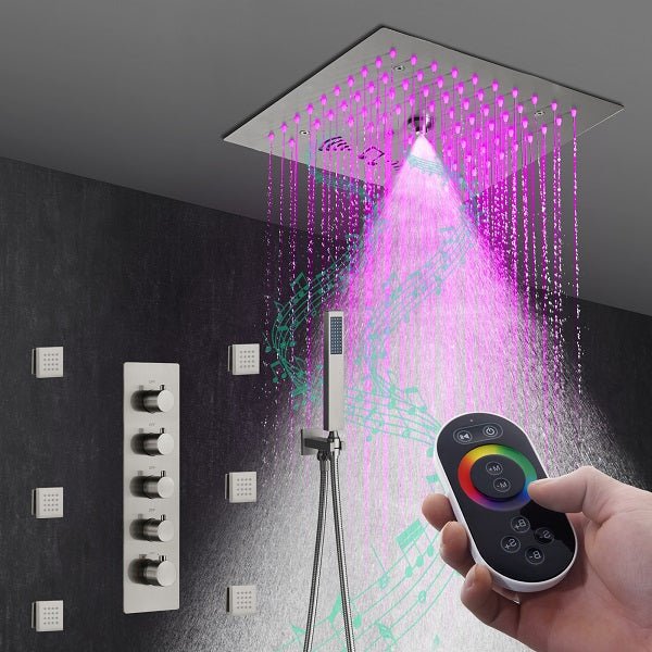 Cascada Luxury 12” Music LED shower system with built-in Bluetooth Speakers, 4 functions (Rainfall, Misty, Body jets & HandShower) & Remote Control 64 Color Lights cascada system LED bluetooth shower head speaker hot cold music rain rainfall musical lights showerhead body spray jet waterfall misty ceiling mounted handheld high pressure multicolor holder thermostatic chrome oil rubbed bronze mixer remote control