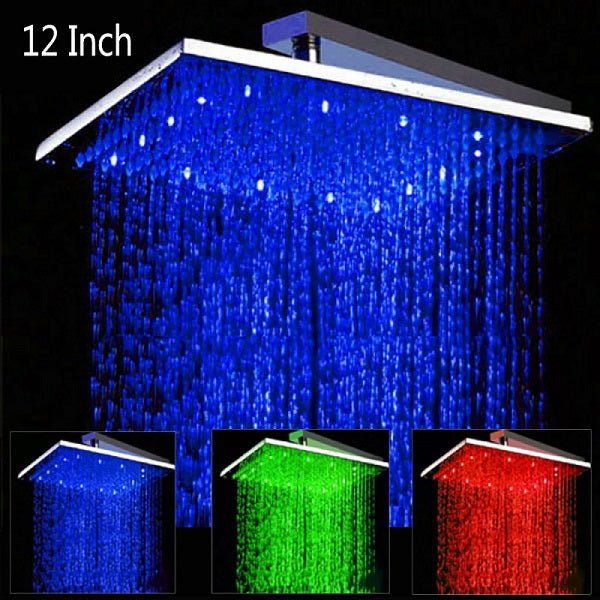 LED rainfall shower head showing blue, green, and red temperature colors