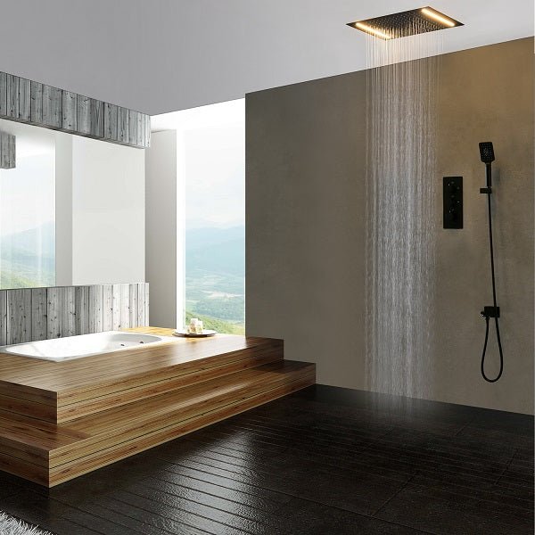 Cascada Luxury 14" x 20" Square Ceiling Mounted LED Shower System With 2-Way Thermostatic Valve (3 knobs), 2 Mode Function (Rainfall & Handheld Shower) shower head with handheld rain White LED & NON LED rainfall 3 valve handle shower heads high pressure black hand held system holder matte fixtures gold kit chrome oil rubbed bronze mixer modern ceiling mount 2 way thermostatic square showers system