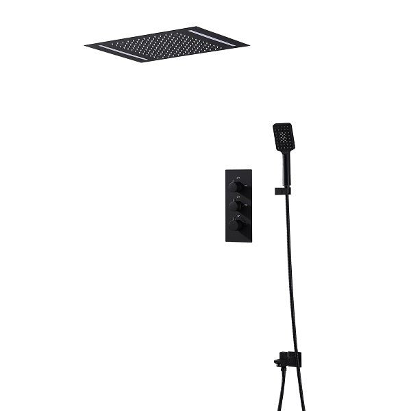 Cascada Luxury 14" x 20" Square Ceiling Mounted LED Shower System With 2-Way Thermostatic Valve (3 knobs), 2 Mode Function (Rainfall & Handheld Shower) shower head with handheld rain White LED & NON LED rainfall 3 valve handle shower heads high pressure black hand held system holder matte fixtures gold kit chrome oil rubbed bronze mixer modern ceiling mount 2 way thermostatic square showers system