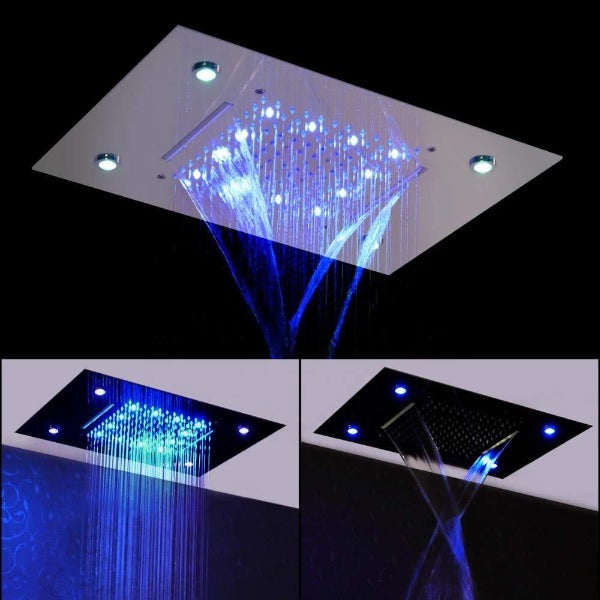 waterfall shower head, rainfall shower head, waterfall showerhead, waterfall shower heads, shower head waterfall, shower head with waterfall, water fall shower head, waterfall rain shower head, recessed shower head, rainfall waterfall shower head, waterfall shower, rain waterfall shower head, recessed rain shower head, and rainfall showerhead. Cascada Luxurious 14" x 20" Large Multicolor LED Shower Head with Color Changing Remote Controller